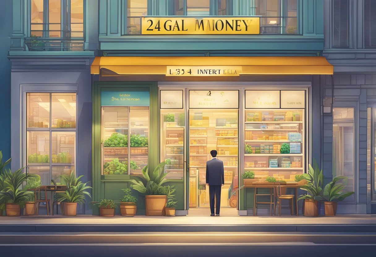 A brightly lit storefront with a prominent sign displaying "24hrs legal money lender with lowest interest" in Singapore