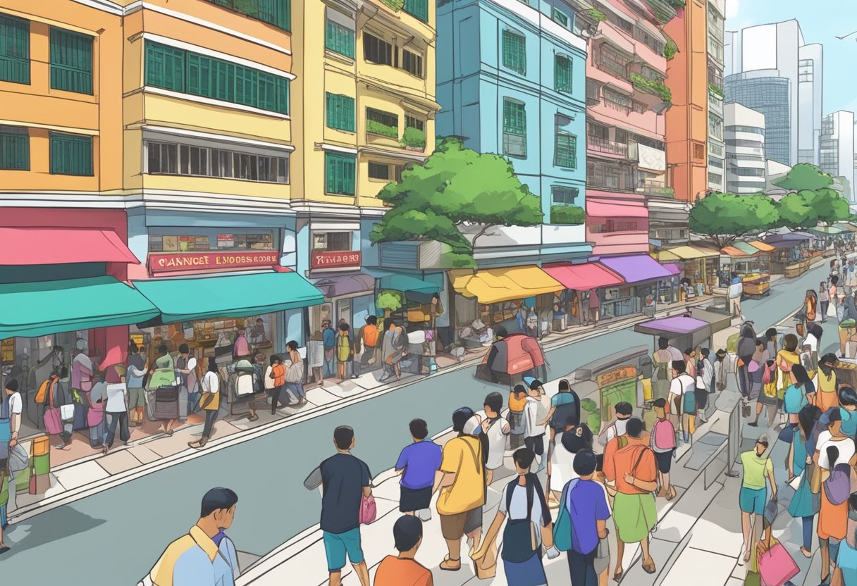 A bustling street in Tanjong Pagar with colorful signage and a steady flow of people entering and exiting money lending establishments