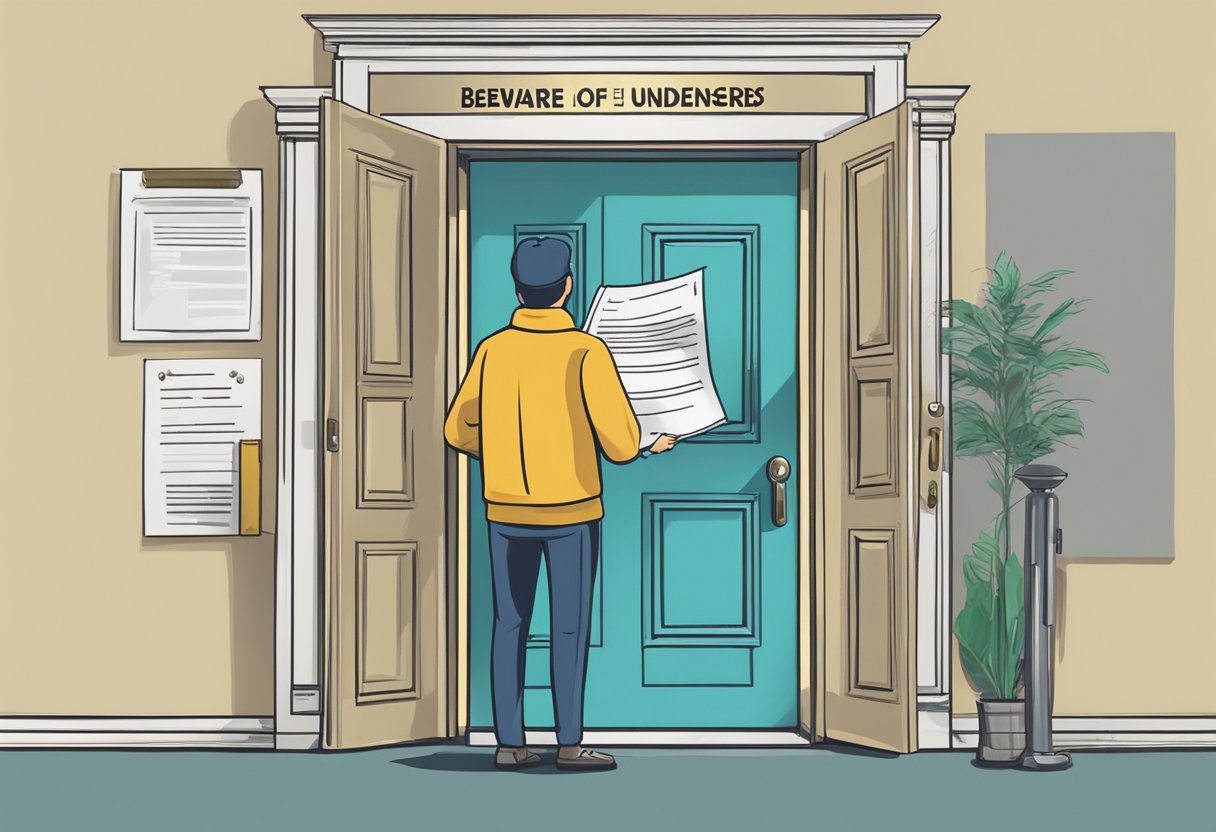 A person standing in front of a locked door with a "Beware of Unlicensed Moneylenders" sign, while holding a document with clear terms and conditions