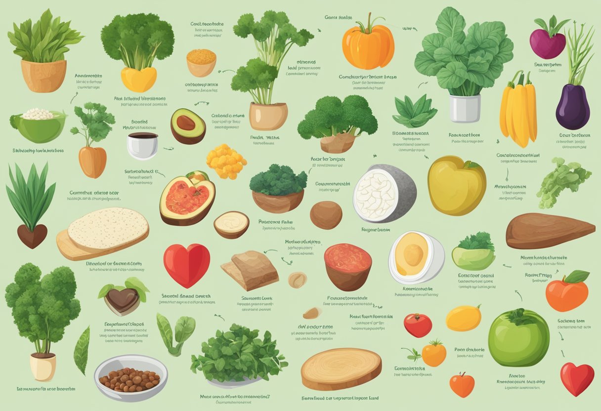 A table with a variety of plant-based foods, a heart symbol, and a list of questions about reversing heart disease