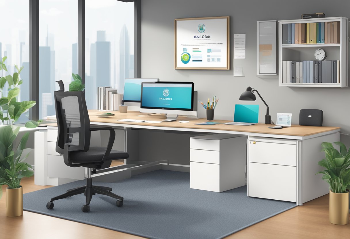 An office desk with Alpha 8 Pte Ltd branding, a computer screen showing personal loan services, and a licensed money lender certificate on the wall