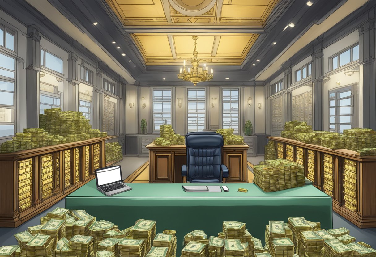 A grand, opulent office with stacks of money and gold bars, a large vault in the background, and a desk with a sign reading "Trillion Money Lender."