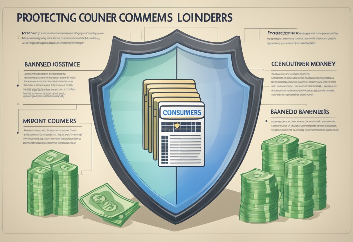 A shield with "Protecting Consumers" and "Preventing Misuse" inscribed, with a list of banned money lenders in Singapore