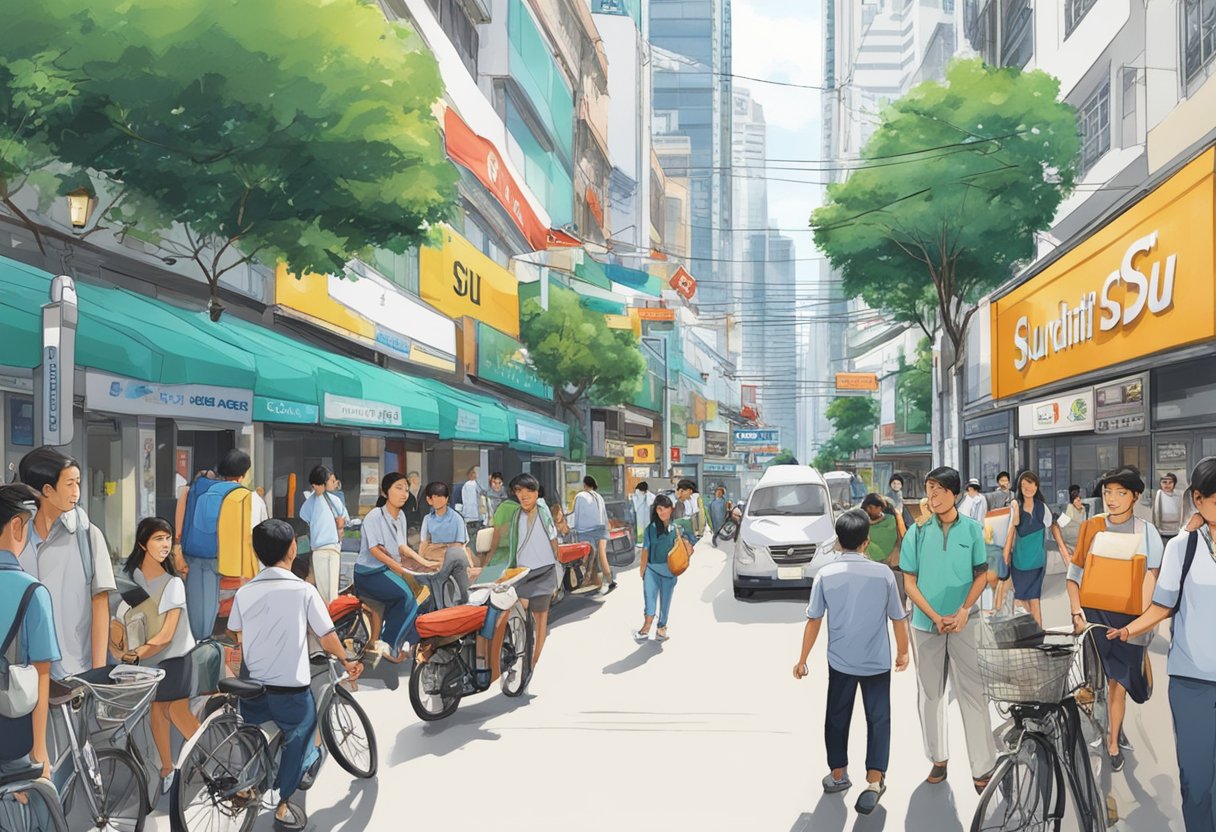 A bustling street in Bugis with a prominent sign for SU Credit Pte Ltd, a licensed money lender, located in the Burlington building