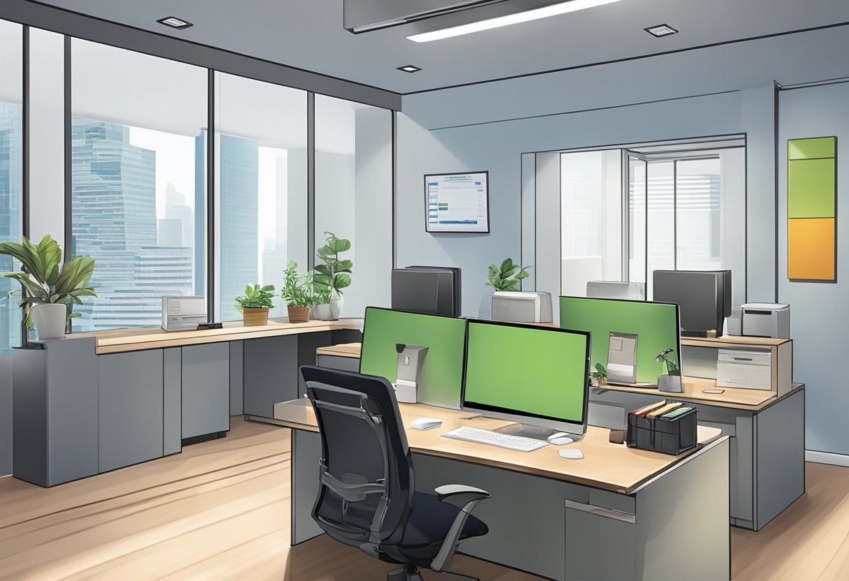 A licensed money lender's office in Singapore's west, with a sign, desk, and customer area