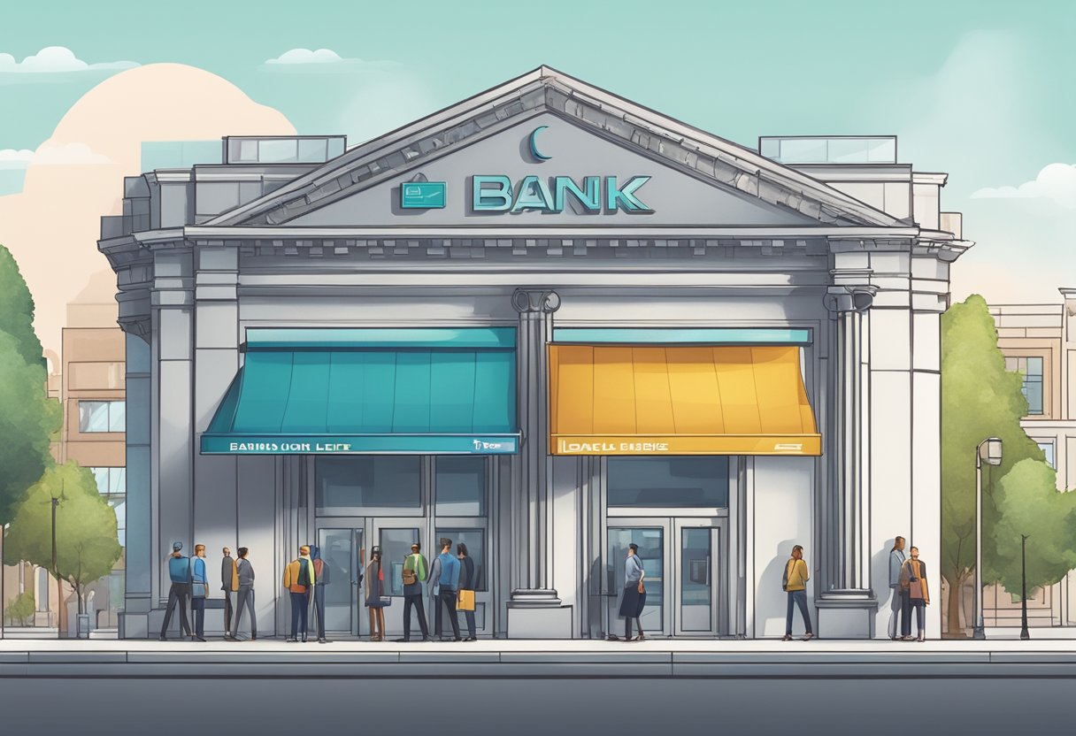 A bank with a modern, sleek building and a large sign displaying its name. Next to it, a money lender's storefront with a smaller, more worn-down appearance. In the background, people lining up at the bank, while a few individuals are