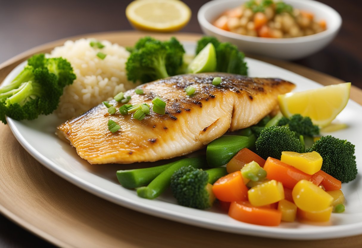 A plate of sweet and sour tilapia fish with a side of steamed vegetables, accompanied by a label showing the nutritional information and health benefits