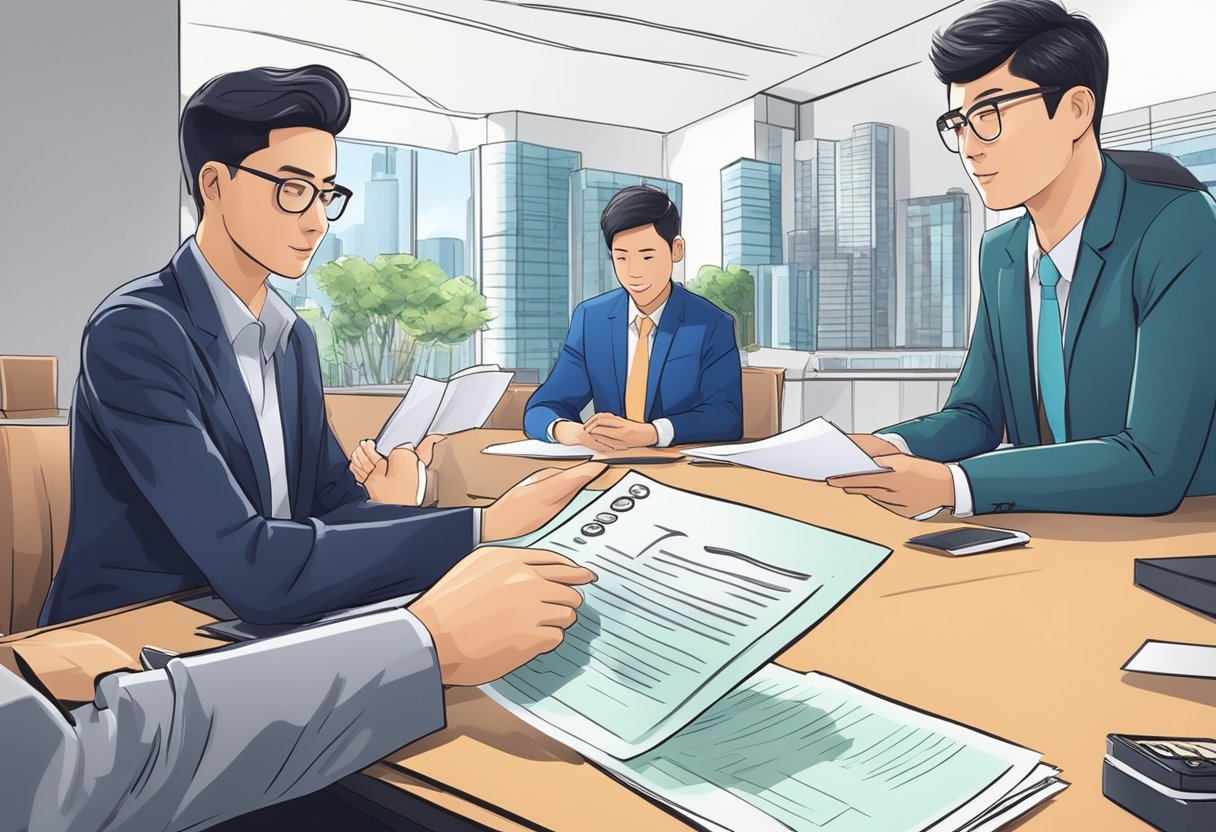 People in Singapore can borrow money from licensed money lenders under legal protection. The scene could show a borrower signing a contract with a lender, with legal documents and protection measures in the background