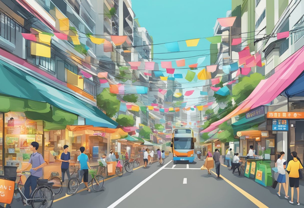 A bustling street in Tanjong Pagar, with colorful signs advertising loan options and services from the best money lender