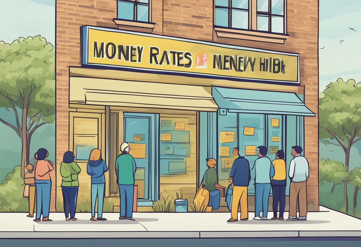 An unlicensed money lender's sign prominently displays high interest rates, with a line of anxious customers waiting outside