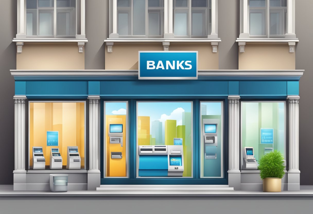 Banks: modern building with logo, teller windows, ATMs. Money lenders: small office, loan documents, cash transactions
