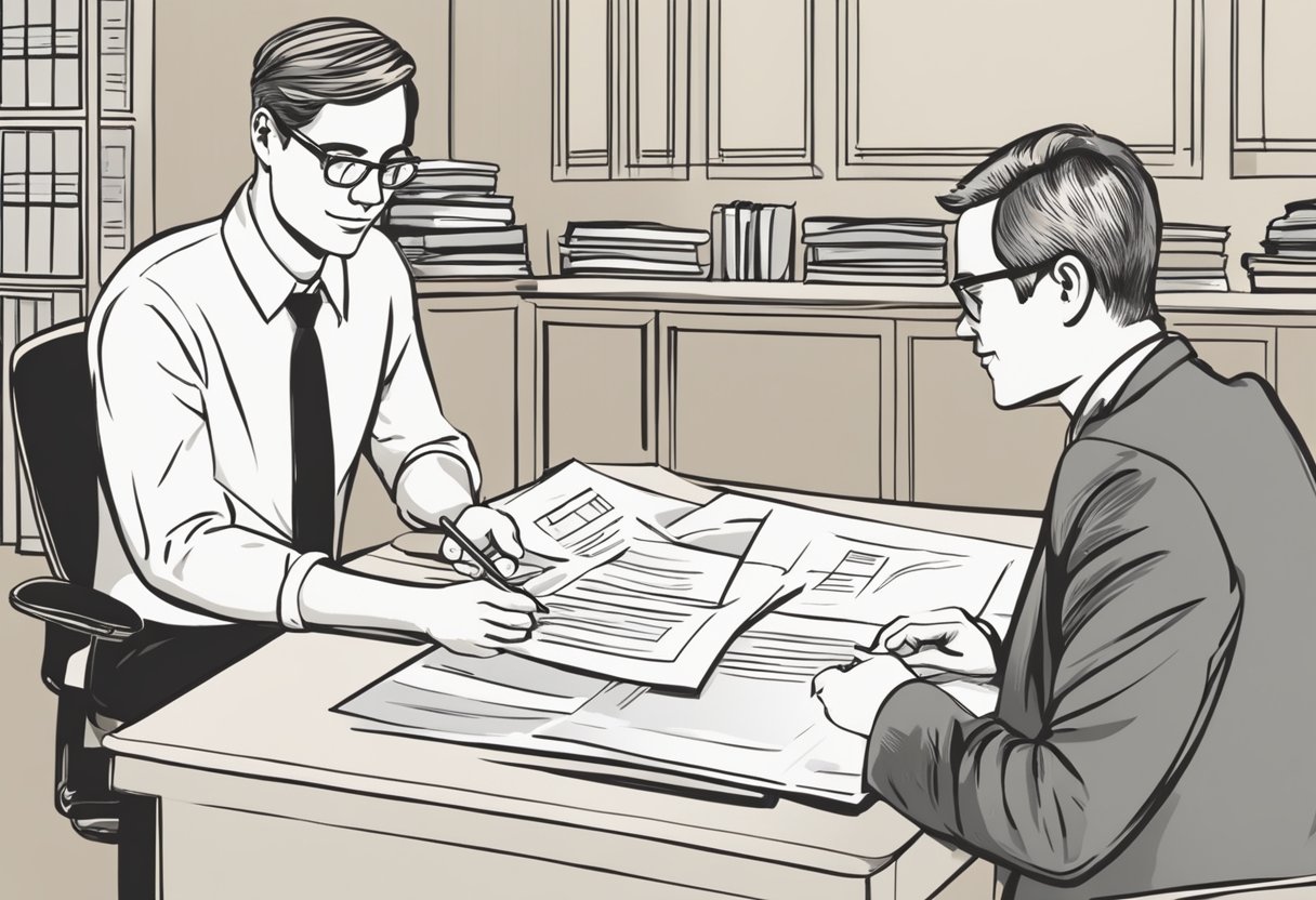 A person fills out a loan application form at a desk. Another person reviews and approves the application. The borrower receives the loan and makes repayments