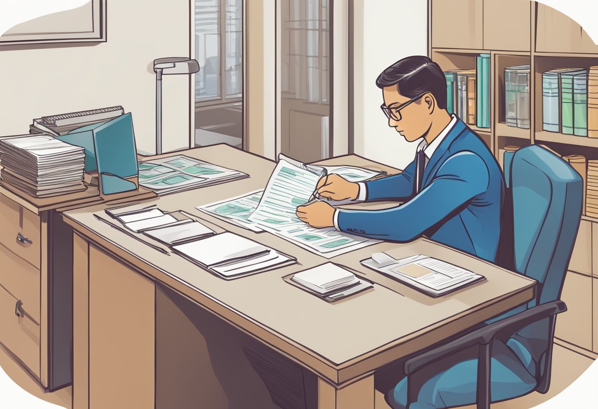 A person sitting at a desk, filling out paperwork at a licensed money lender in Clementi. The loan officer is reviewing the documents