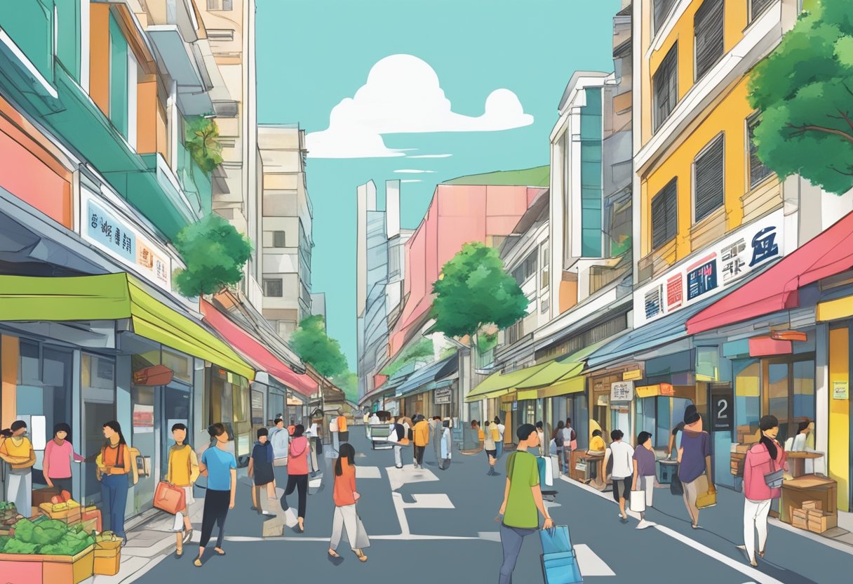A bustling street in Tanjong Pagar with a prominent sign reading "Frequently Asked Questions best money lender" amidst a mix of shops and businesses