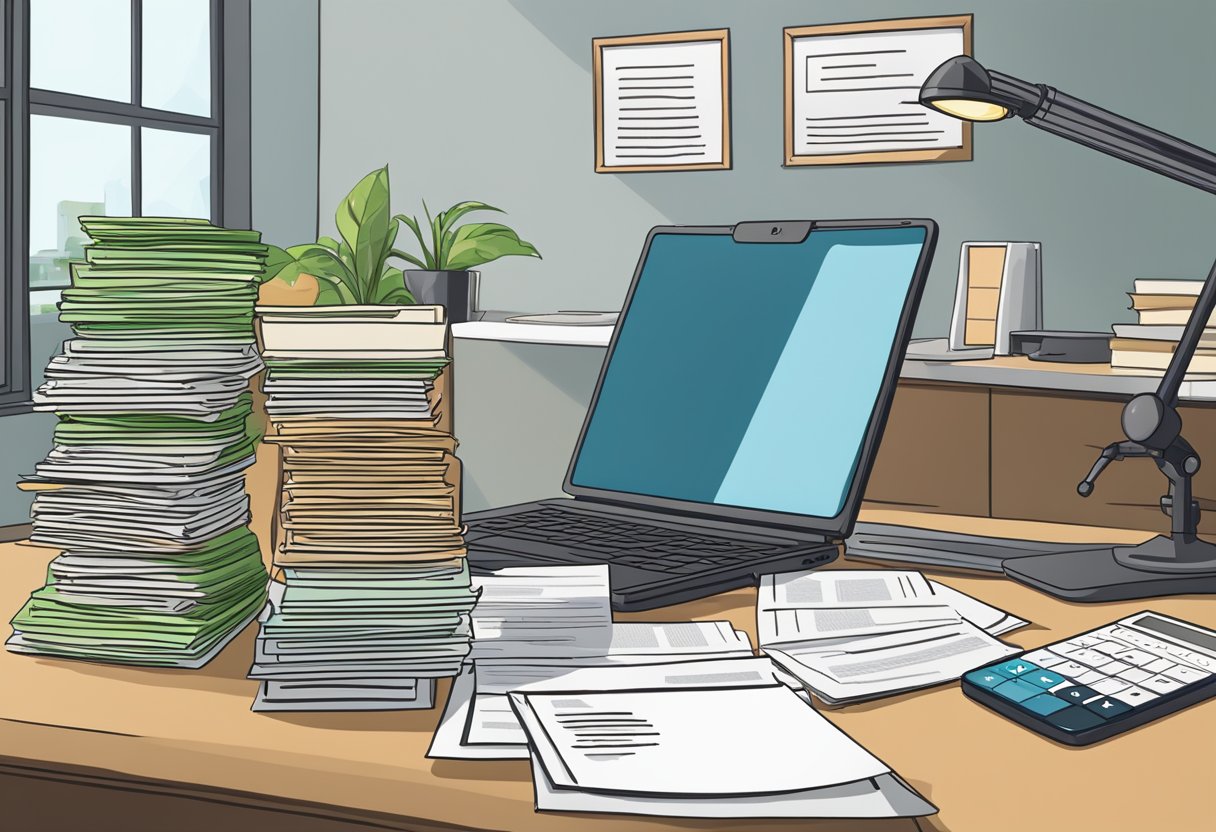 A stack of legal documents sits on a desk, surrounded by a pen, calculator, and laptop. A sign on the wall displays "Frequently Asked Questions" about licensed money lender requirements