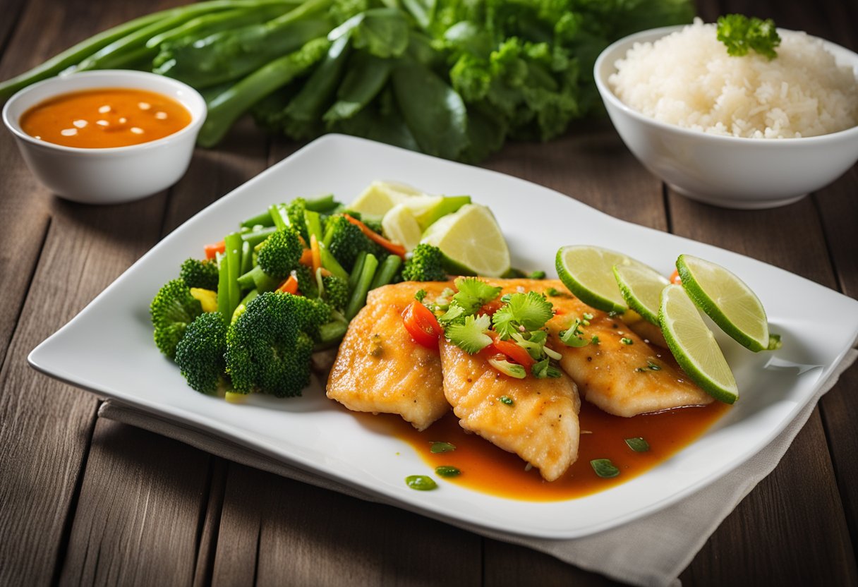 A plate of sweet and sour tilapia fish with a side of steamed vegetables and a small bowl of dipping sauce