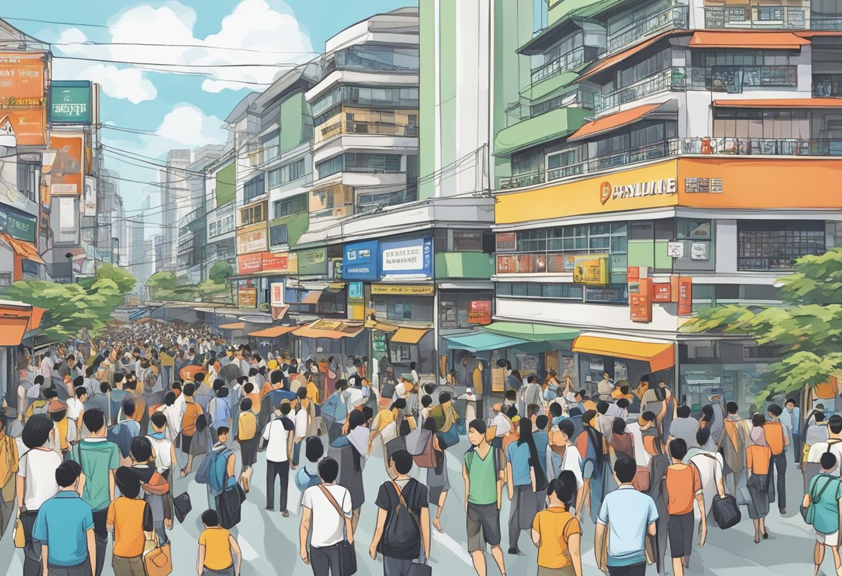 A bustling street in Bugis, with a prominent sign for a licensed money lender. People entering and leaving the office, with a sense of urgency and determination