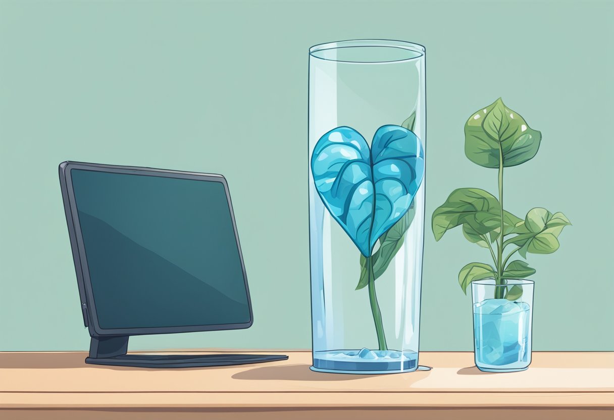 A glass of water sits untouched next to a wilting plant, its leaves curling in on themselves. A digital monitor displays a high resting heart rate