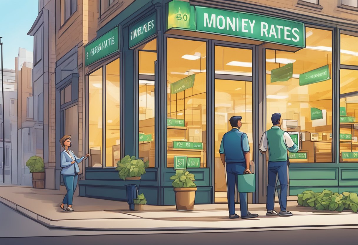 A licensed money lender displays interest rates on a sign outside their storefront