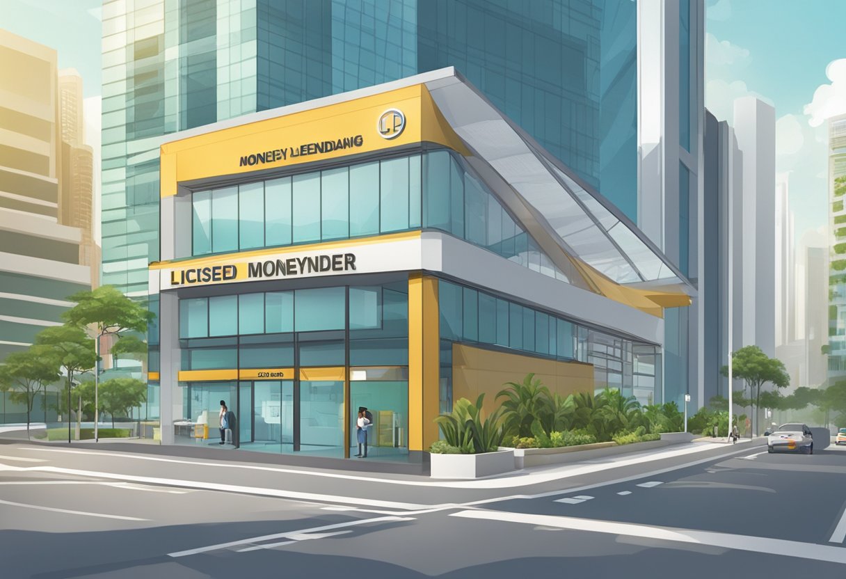 A licensed moneylending office in Singapore, with a prominent sign displaying the words "Licensed Moneylender" in bold letters. The office is clean and well-lit, with a professional and welcoming atmosphere