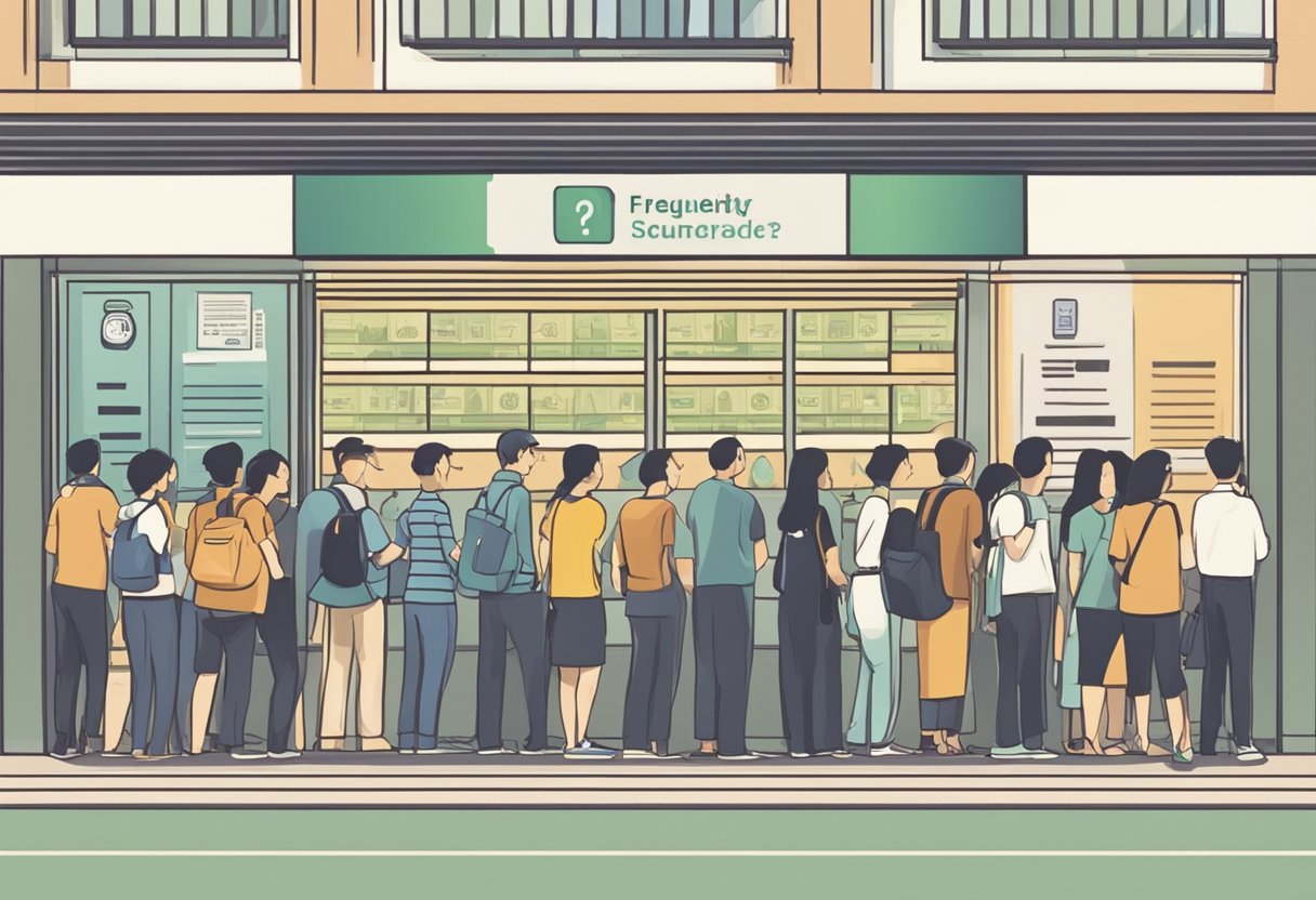 People lining up at money lender's office in Singapore. Signage with "Frequently Asked Questions" displayed prominently