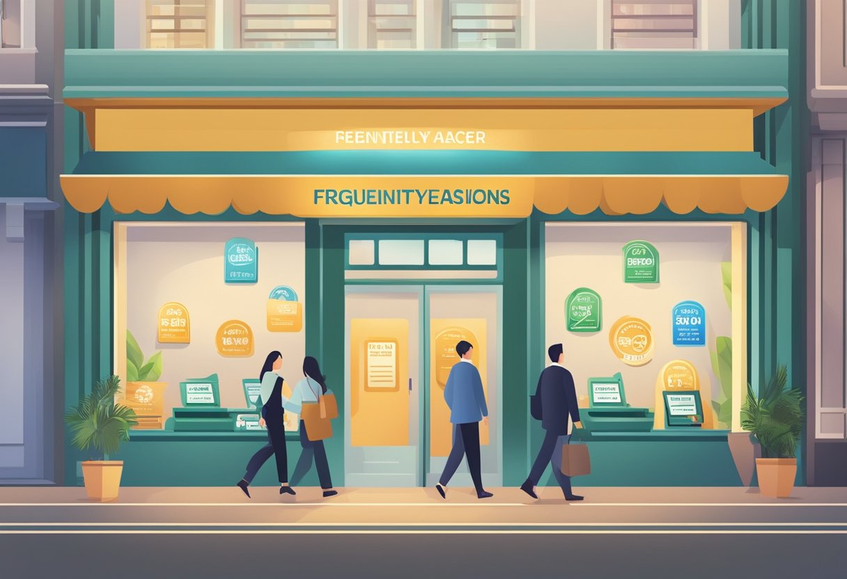 A licensed money lender's storefront in Clementi with a sign displaying "Frequently Asked Questions" and customers entering and exiting the building