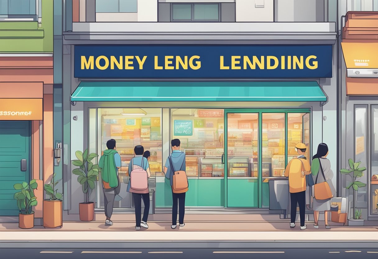 A row of licensed money lending shops in Clementi, with bright signage and people entering and exiting