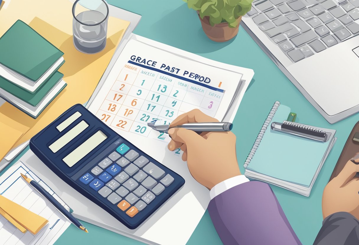 A calendar showing a past due date with a "grace period" label and a person managing loan repayments with a calculator and documents