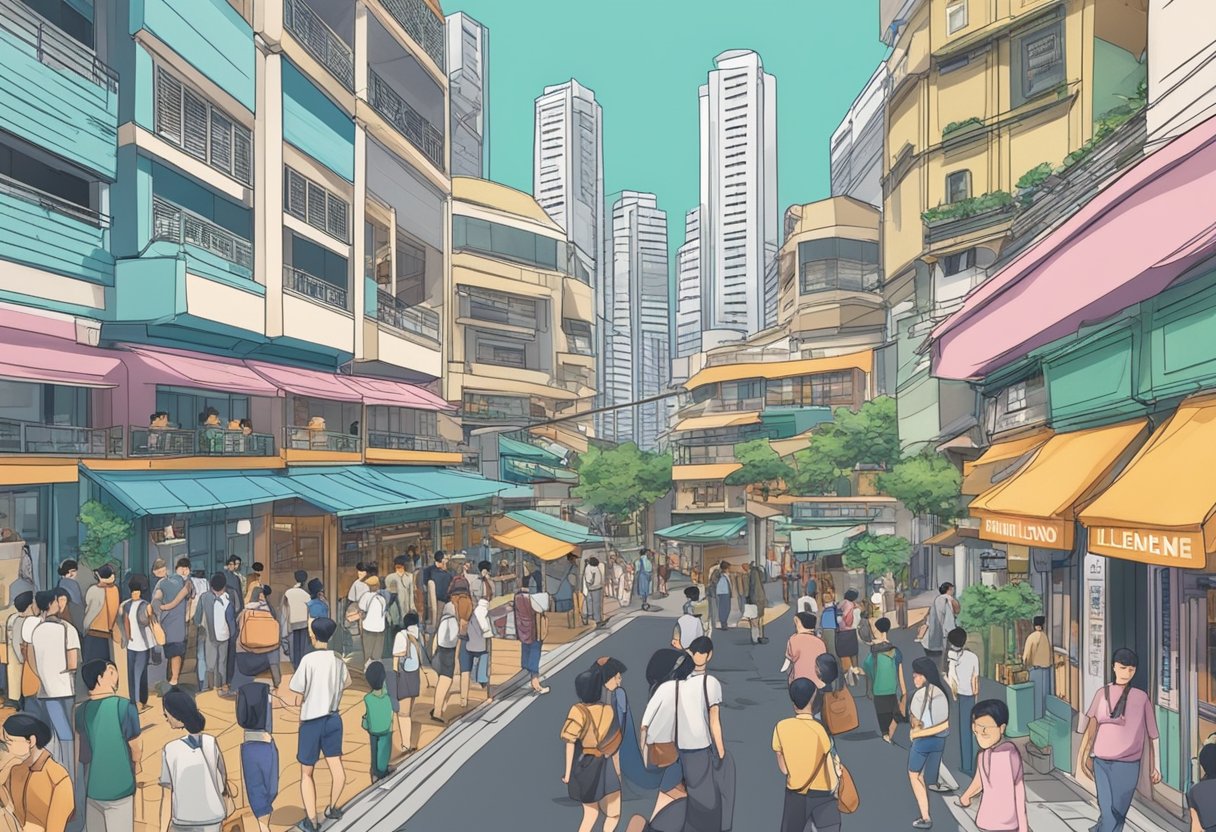 A bustling Singapore street with a prominent sign for "Trillion Money Lender" surrounded by people entering and exiting the establishment