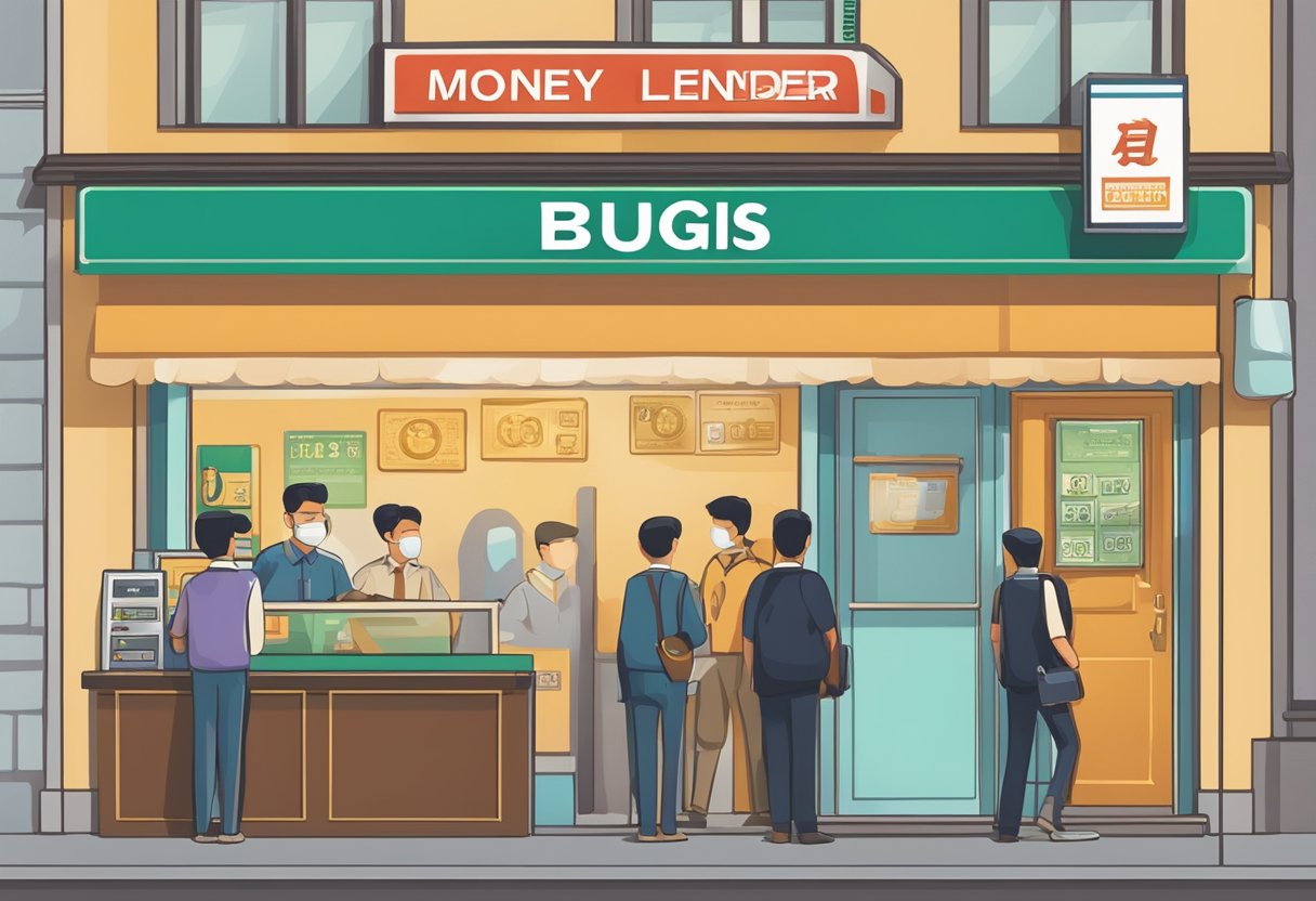 A Bugis licensed moneylender sign hanging above a storefront, with a line of customers waiting outside. A money exchange counter and a security guard at the entrance