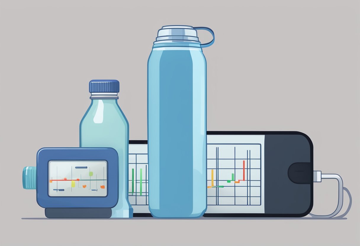 A heart rate monitor displays a low resting heart rate. A water bottle sits empty nearby, indicating dehydration