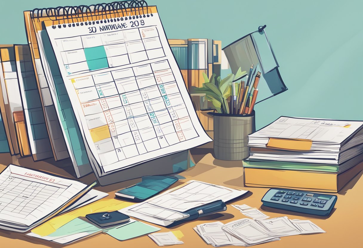 A calendar with a highlighted due date, a clock showing the passing of time, and a stack of unpaid bills
