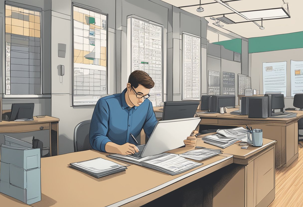 A person sits at a desk, filling out loan applications. A clock on the wall shows 24-hour availability. A sign advertises "Lowest Interest Rates."