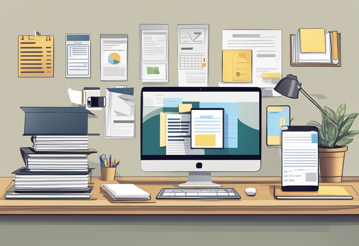 A clutter-free desk with a laptop, phone, and paperwork. A sign with "Testimonials and Contact Information" is prominently displayed