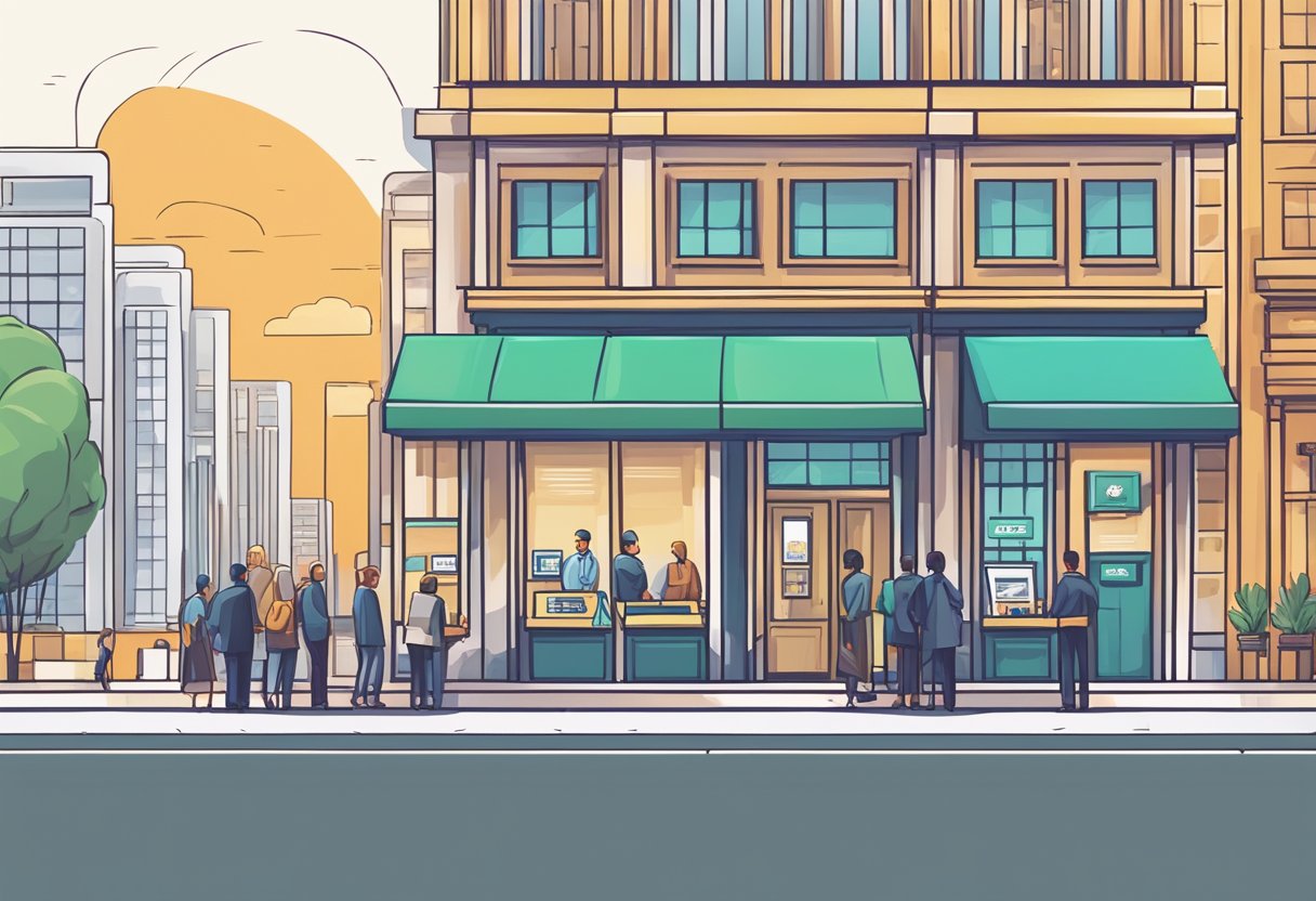 A bank with a towering building, a sleek logo, and a line of customers. A money lender with a small storefront, a simple sign, and a few people waiting outside