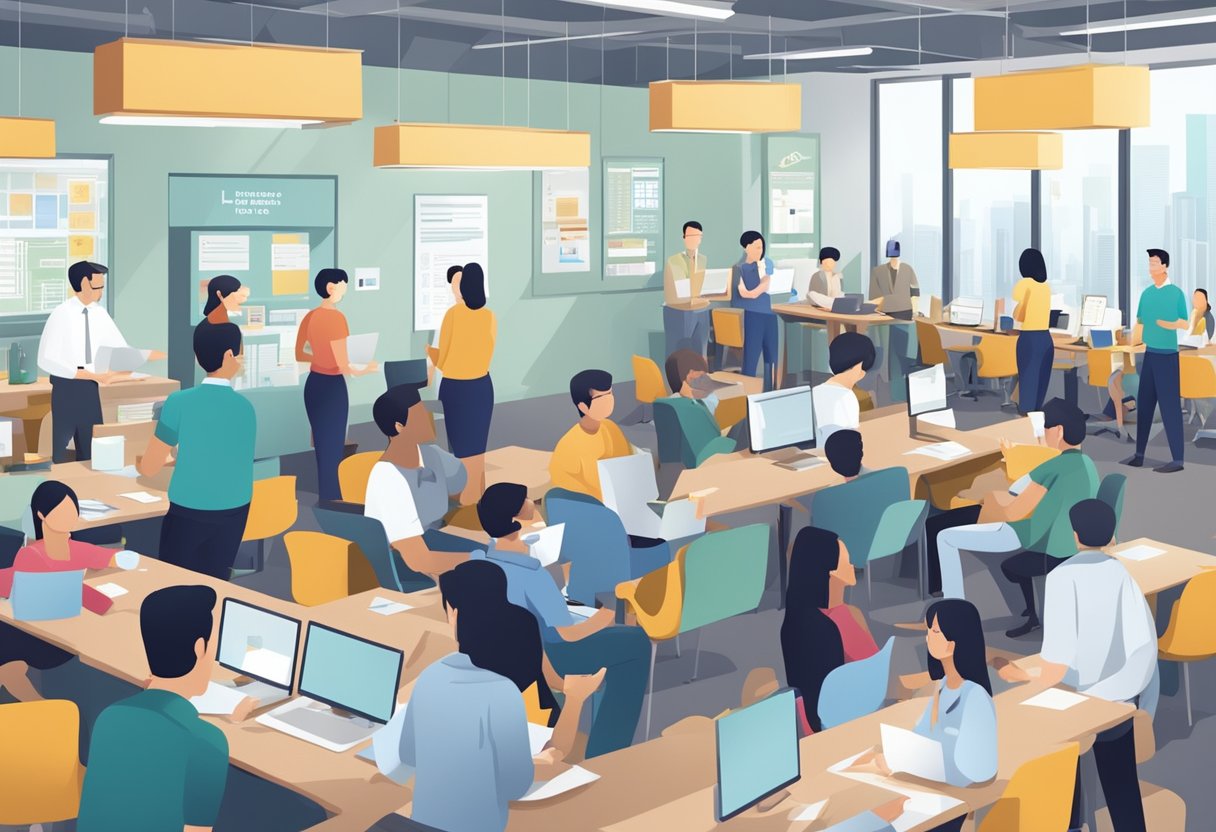 A busy office with a sign "Frequently Asked Questions" and people waiting to speak with a licensed money lender in Singapore's Jurong West district