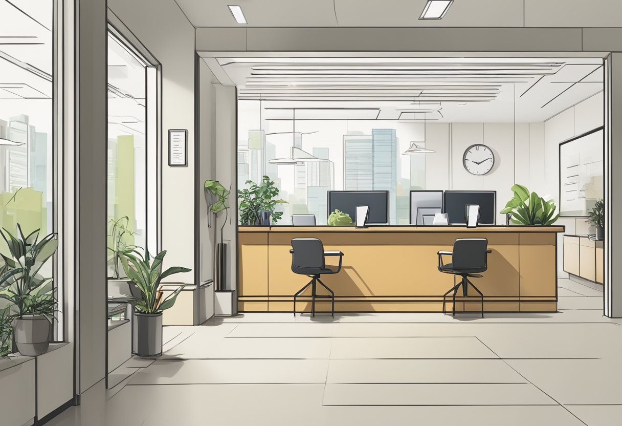 A brightly lit office with a reception desk, chairs, and a sign reading "Frequently Asked Questions" at Credit Pte Ltd licensed money lender in Burlington at Bugis
