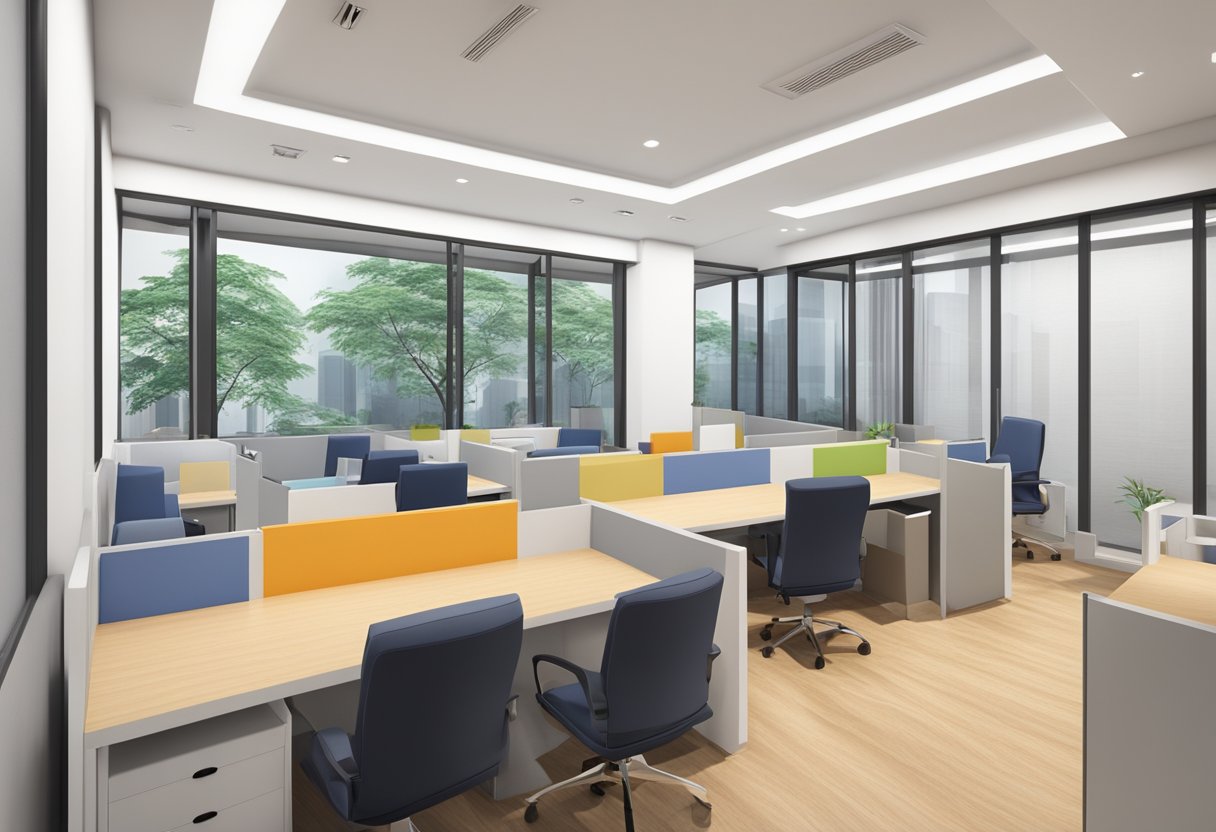 A licensed money lender's office in Clementi, with a sign displaying the company's name and logo. The interior is clean and professional, with a desk and chairs for customer consultations