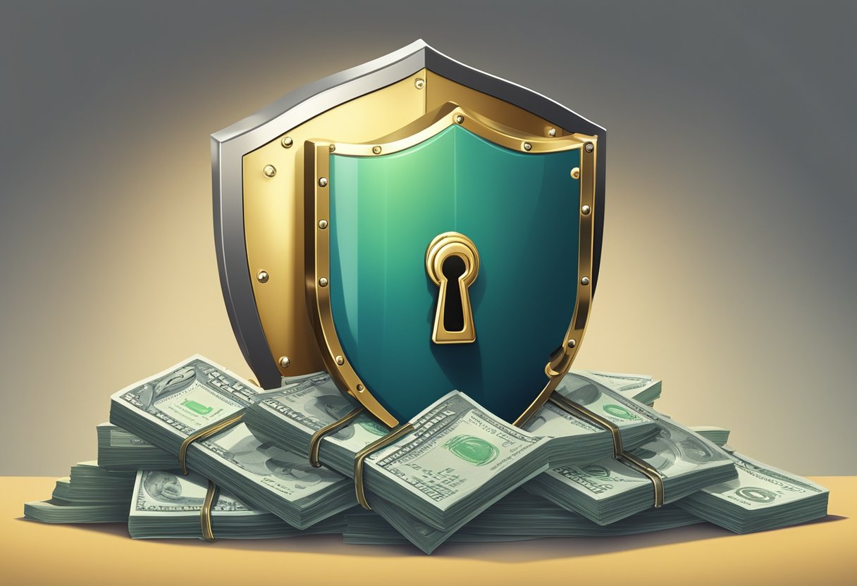 A shield with a lock and key symbol, guarding a stack of money from a looming shadow of unlicensed moneylending