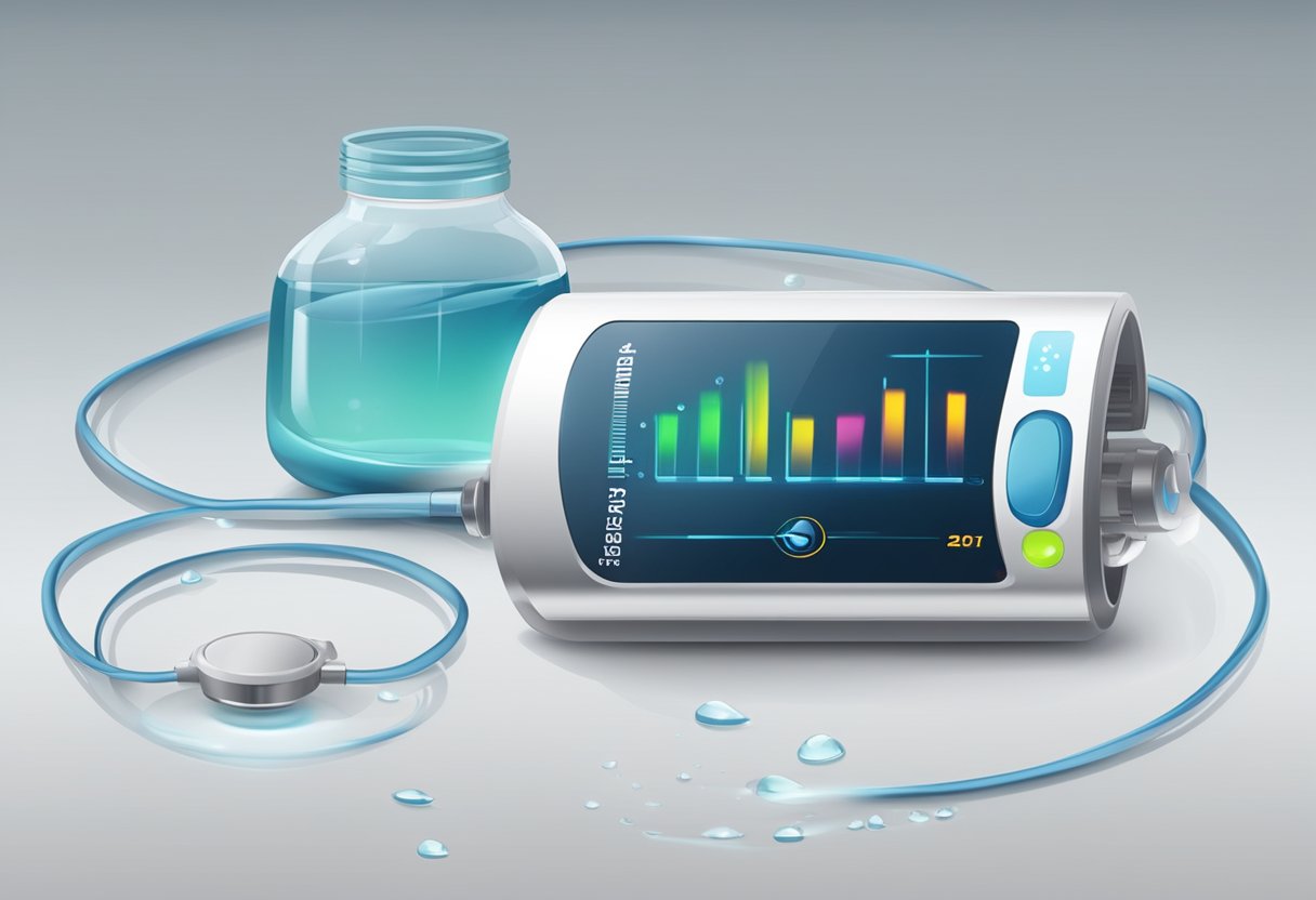 A heart rate monitor displaying a low resting heart rate, with a water bottle and sweat droplets to indicate dehydration