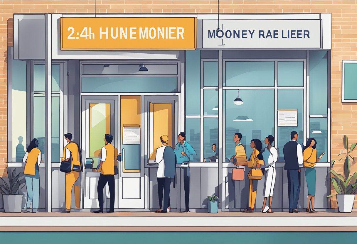A bright, open office with a sign "24hr legal money lender" and a low-interest rate banner. Customers waiting in line