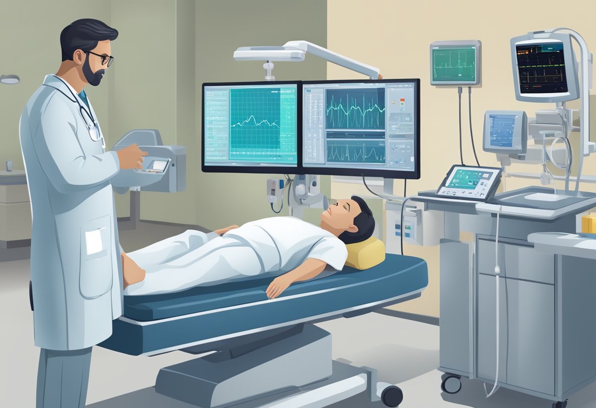 A doctor monitors TGA treatment with medical equipment in a hospital setting