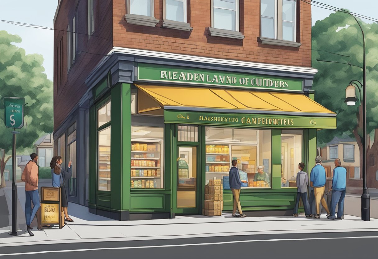 A licensed money lender's storefront in Crawford Lane, with a prominent sign and a steady stream of customers