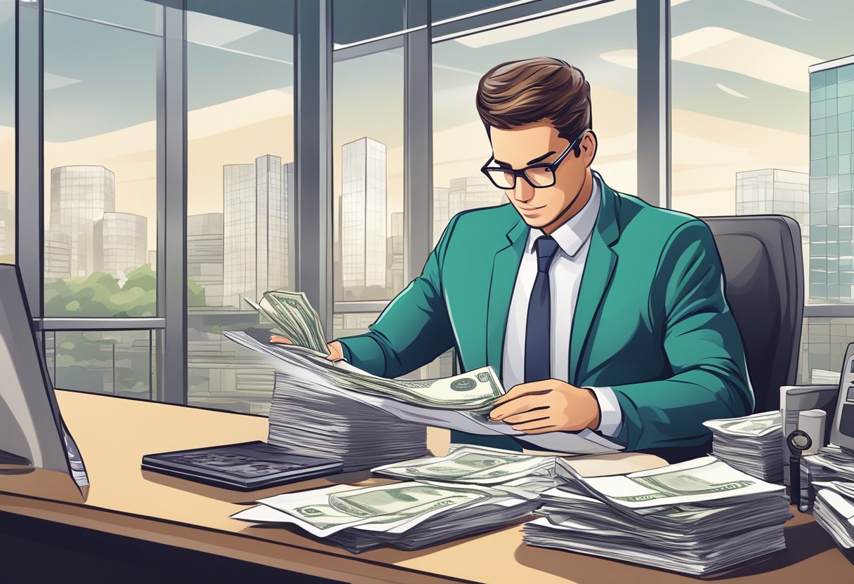 A licensed money lender counts cash and reviews loan documents in a secure office setting