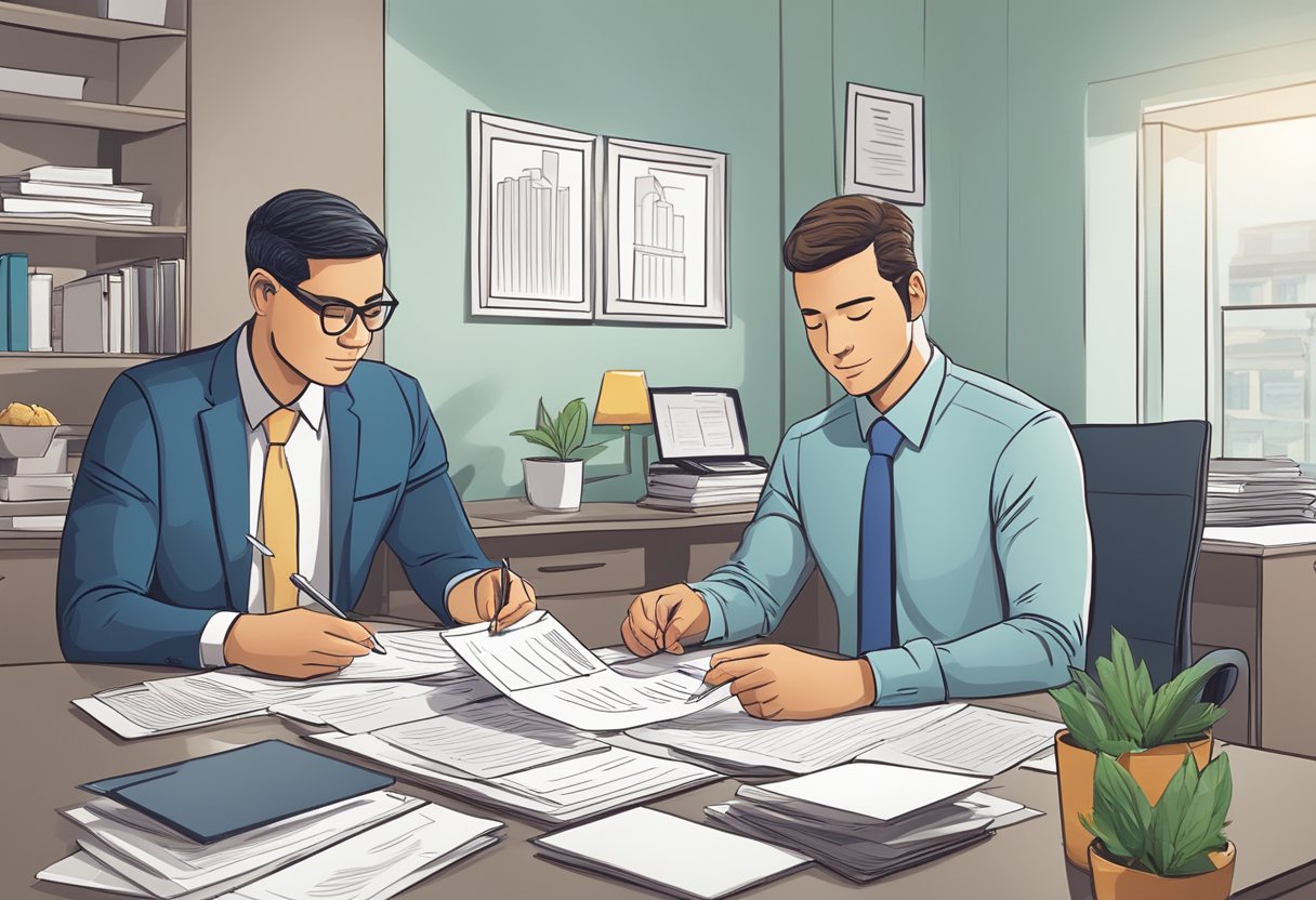 A person sits at a desk, filling out paperwork. A licensed money lender looks over the documents, discussing loan terms with the applicant