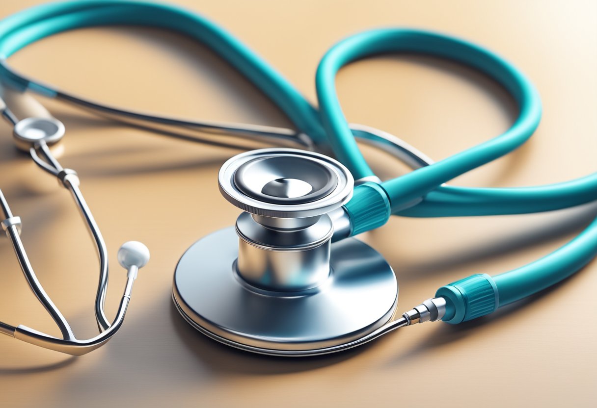 A stethoscope and medical heart model on a clean, well-lit table