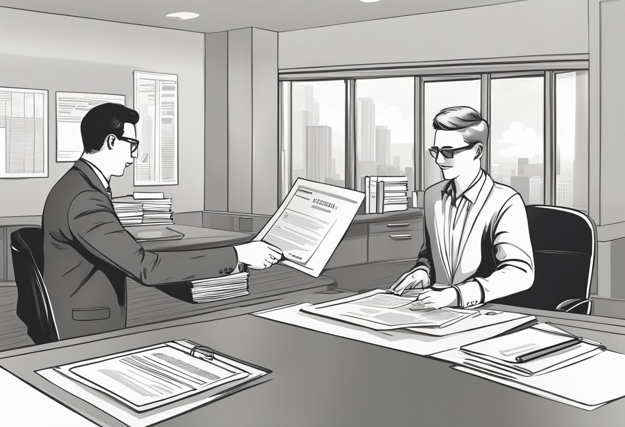 A person receiving a license certificate from an official. Table with paperwork and stamp. Office setting with professional attire