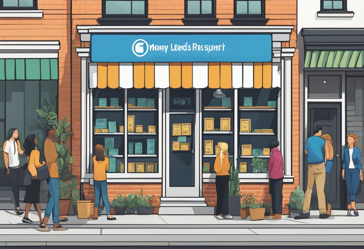A licensed money lender's sign hangs above a storefront on Crawford Lane, with a queue of customers waiting outside. The building is clean and professional, with a logo prominently displayed
