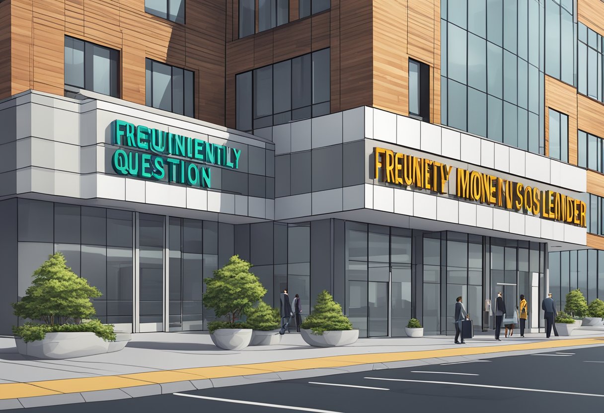 A large, bold sign reading "Frequently Asked Questions trillion money lender" stands prominently outside a modern office building