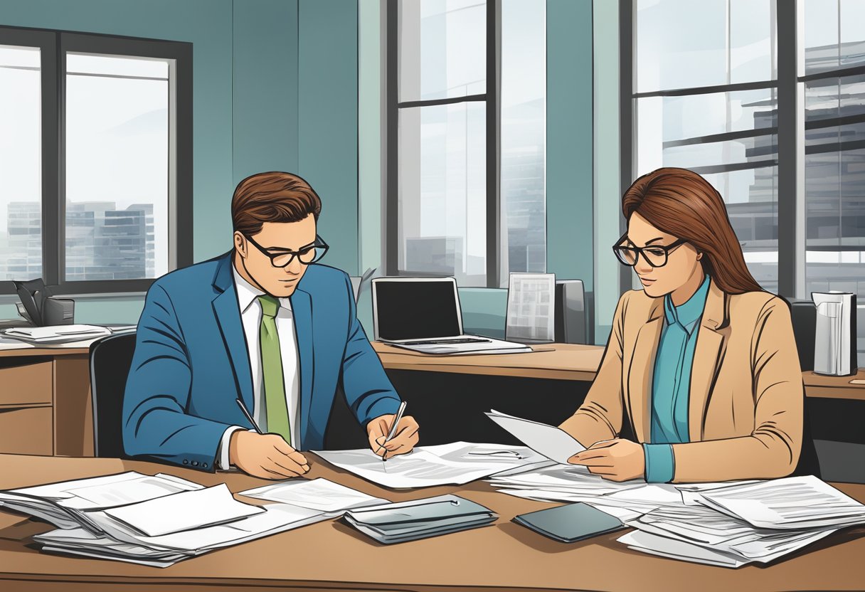 A loan officer reviews documents and discusses terms with a client in an office setting